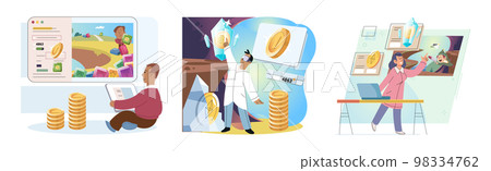 Happy man power from gaming with cryptocurrency, gameplay to earn, NFT, Metaverse, digital world 98334762