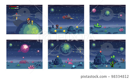 Cosmic scenes set in pixel art. Pixelated location for game or application, space and spaceship Cosmic scenes set in pixel art. Pixelated location for game or application, space and spaceship 98334812