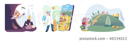 Happy man power from gaming with cryptocurrency, gameplay to earn, NFT, Metaverse, digital world 98334813