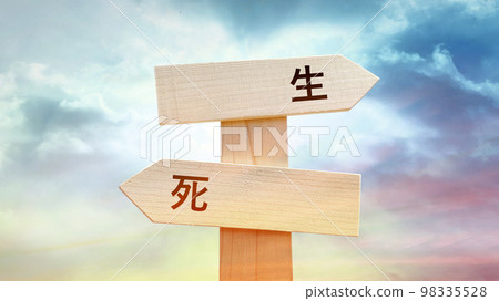 Signpost with letters of life and death and fantastic sky 98335528