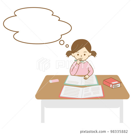 A girl holding a pencil and thinking with her hand on her chin (with a balloon) A girl holding a pencil and thinking with her hand on her chin (with a balloon) 98335882