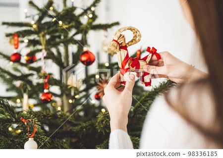Woman hands holding a reindeer ornament putting it on the Christmas tree 98336185