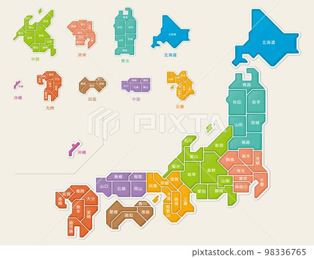 Map of Japan color-coded puzzle-like three-dimensional prefecture names 98336765