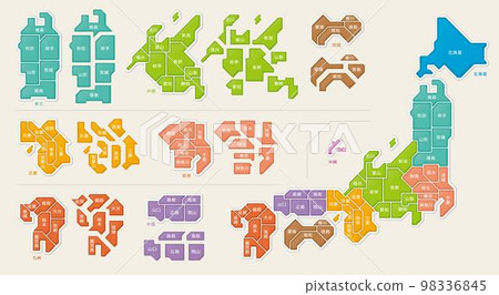 日本地圖，彩色編碼，三維拼圖般的縣名分崩離析 98336845