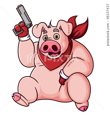 The robber pig holding gun and sitting of illustration The robber pig holding gun and sitting of illustration 98337437