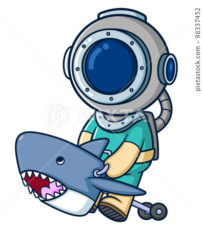 The diver playing with toy shark of illustration The diver playing with toy shark of illustration 98337452