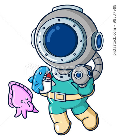 The diver tells a shark story to a cuttlefish while playing of illustration The diver tells a shark story to a cuttlefish while playing of illustration 98337989