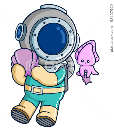 The diver brings a large clam and happily plays with a cuttlefish of illustration The diver brings a large clam and happily plays with a cuttlefish of illustration 98337990