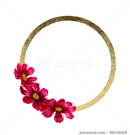 Watercolor hand drawn cosmea flower gold frame in trendy color viva magenta. Elements isolated on white background 98338009