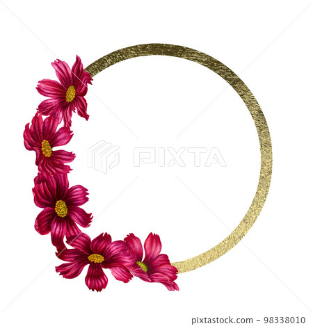 Watercolor hand drawn cosmea flower gold frame in trendy color viva magenta. Elements isolated on white background 98338010