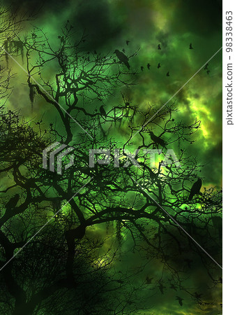 令人不安和陰森森的深綠色森林景觀插圖 98338463