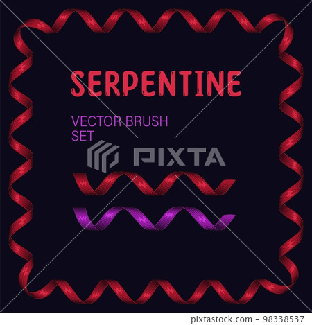 Seamless pattern brush with serpentine ribbon. Brush with end, start tiles. Design element in red colors for gift, greeting, festive, holiday design. Engraved style 98338537