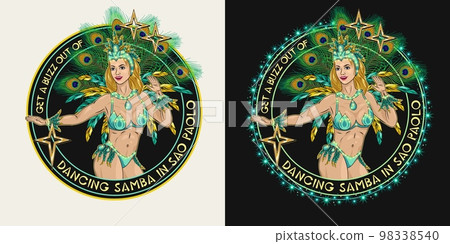 Round label with brazilian samba female dancer, lights garland, text Carnival latino girl wearing shiny festival costume with colorful feathers. Decor for Brazilian carnival in vintage style. 98338540
