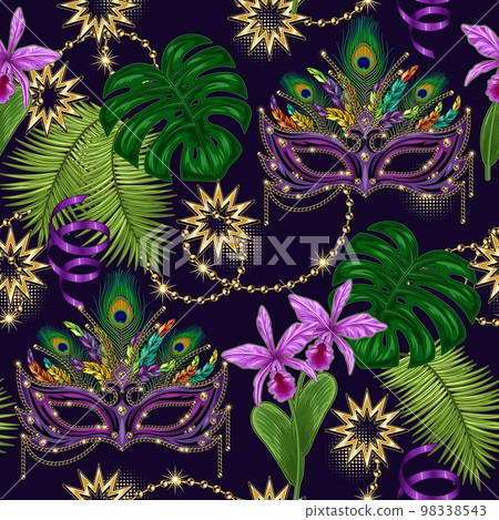 Pattern with luxury carnival mask, feathers, stars, tropical leaves, orchid flower, gold chains. Detailed vintage illustration for prints, apparel, clothing, surface design Pattern with luxury carnival mask, feathers, stars, tropical leaves, orchid flower, gold chains. Detailed vintage illustration for prints, apparel, clothing, surface design 98338543