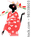 Silhouette of a woman wearing a kimono, plum blossoms and a small bird 98338603