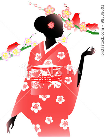 Silhouette of a woman wearing a kimono, plum blossoms and a small bird Silhouette of a woman wearing a kimono, plum blossoms and a small bird 98338603