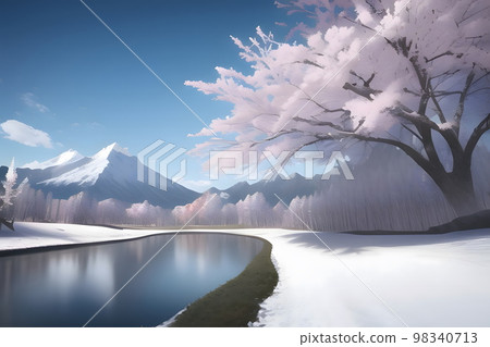 snow mountain and cherry trees 98340713