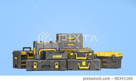 Set of professionsl tools cases 3d render on blue background 98341160