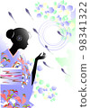 A silhouette of a woman in a kimono and a fish swimming in a mountain stream 98341322