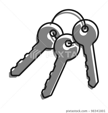 Linear filled with gray color icon. Bunch Of Keys On Ring From Lock Of Front Door Of Residential Building. Round Handle Key. Simple black and white vector Isolated On white background 98341801