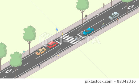 Japanese pedestrian crossing image drawn by isometric projection [A1] (green area) + pedestrians 98342310