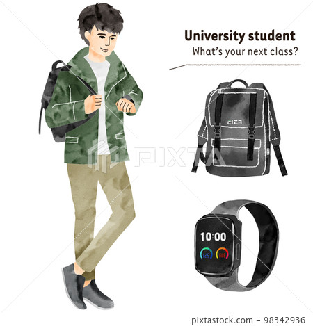 Male college student looking at a watch Male college student looking at a watch 98342936