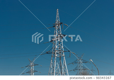 Electricity voltage high energy power technology electrical tower industry line electric blue sky Electricity voltage high energy power technology electrical tower industry line electric blue sky 98343167