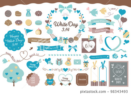 白色情人節插圖和框架集/款待、心、絲帶、裝飾框架、禮物、矢量 98343493
