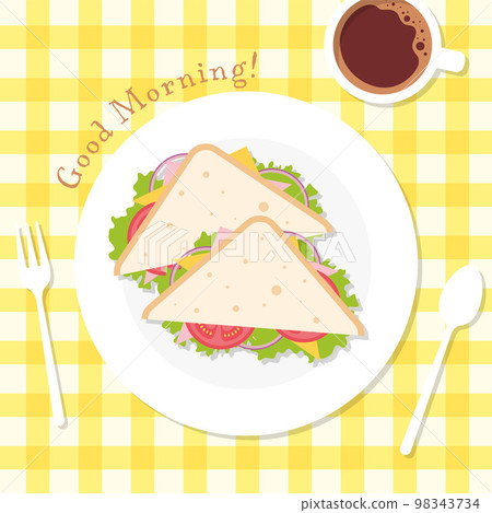 Triangular sandwich on gingham check tablecloth, coffee background illustration Triangular sandwich on gingham check tablecloth, coffee background illustration 98343734