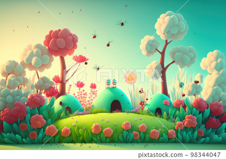 Cute imagination animal plant and flower with colorful color in spring season background. Use for Kid or baby book ,etc Cute imagination animal plant and flower with colorful color in spring season background. Use for Kid or baby book ,etc 98344047