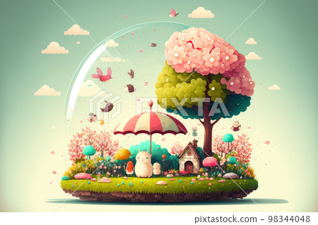 Cute imagination animal plant and flower with colorful color in spring season background. Use for Kid or baby book ,etc 98344048