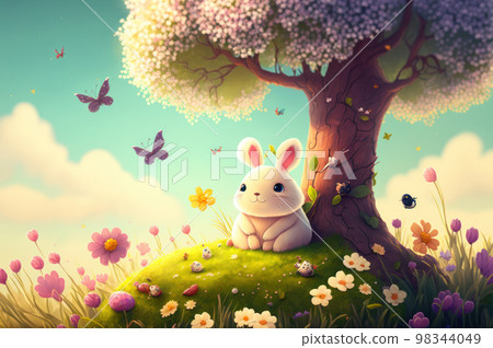 Cute imagination animal plant and flower with colorful color in spring season background. Use for Kid or baby book ,etc Cute imagination animal plant and flower with colorful color in spring season background. Use for Kid or baby book ,etc 98344049