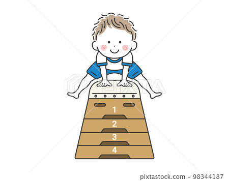 一個穿著運動服的男孩在駕駛跳馬箱的插圖 98344187