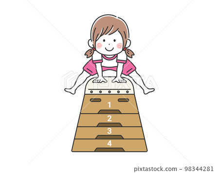 一個穿著運動服的女孩飛著跳馬箱的插圖 一個穿著運動服的女孩飛著跳馬箱的插圖 98344281