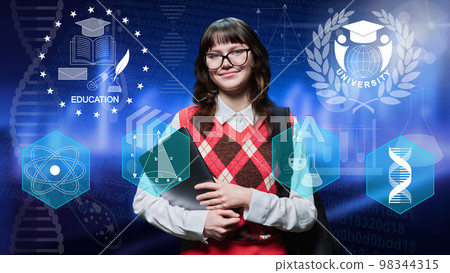Portrait of teenage student girl, on background with education symbols 98344315