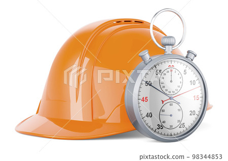 Construction Orange Hard Hat with stopwatch. 3D rendering 98344853