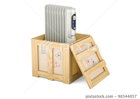 Electric oil heater inside wooden box, delivery concept. 3D rendering 98344857