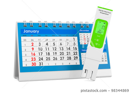 TDS meter with desk calendar, 3D rendering TDS meter with desk calendar, 3D rendering 98344869