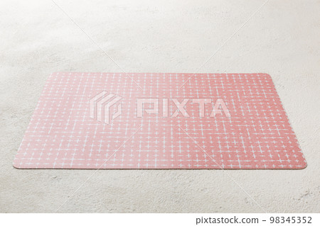 Perspective view of red tablecloth for food on cement background. Empty space for your design 98345352