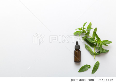 Natural Mint Essential Oil in a Glass Bottle. organic cosmetics with herbal extracts of mint on colored background Natural Mint Essential Oil in a Glass Bottle. organic cosmetics with herbal extracts of mint on colored background 98345546