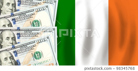 Dollars on flag of Ireland, Irish finance, subsidies, social support, GDP concept 98345768
