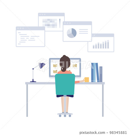 Back view of a woman working on a computer 98345881