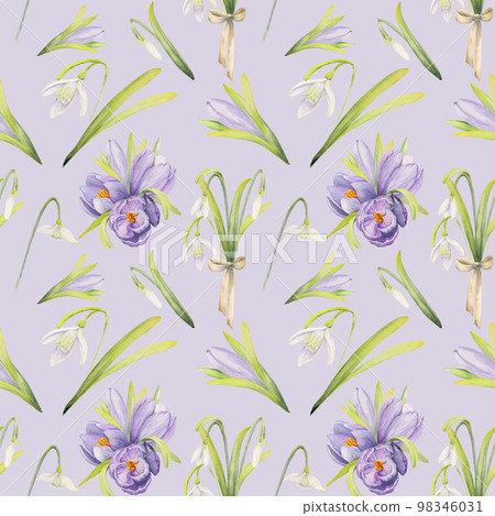 Watercolor hand drawn seamless pattern with spring flowers, crocus, snowdrops, leaves, stems. Isolated on color background Design for invitations, wedding, greeting cards, wallpaper, print, textile. Watercolor hand drawn seamless pattern with spring flowers, crocus, snowdrops, leaves, stems. Isolated on color background Design for invitations, wedding, greeting cards, wallpaper, print, textile. 98346031
