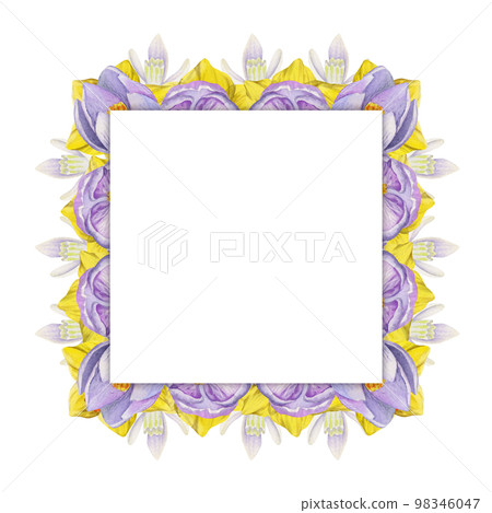 Watercolor hand drawn square frame with spring flowers, crocus, snowdrops, daffodils, leaves. Isolated on white background. Design for invitations, wedding, greeting cards, wallpaper, print, textile. Watercolor hand drawn square frame with spring flowers, crocus, snowdrops, daffodils, leaves. Isolated on white background. Design for invitations, wedding, greeting cards, wallpaper, print, textile. 98346047