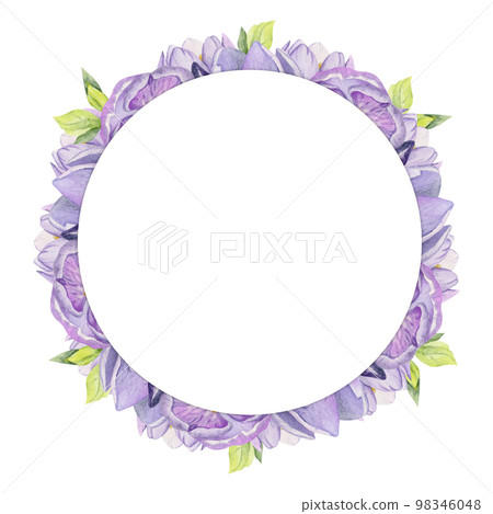 Watercolor hand drawn circle wreath with spring flowers, daffodils, crocus, snowdrops, leaves. Isolated on white background. Design for invitations, wedding, greeting cards, wallpaper, print, textile. 98346048