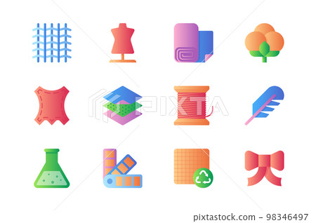 Fabric icons set in color flat design. Pack of textile, mannequin, cotton plant, pattern, thread, feather, flask, palette samples, material and other. Vector pictograms for web sites and mobile app Fabric icons set in color flat design. Pack of textile, mannequin, cotton plant, pattern, thread, feather, flask, palette samples, material and other. Vector pictograms for web sites and mobile app 98346497