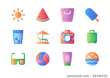 Summer icons set in color flat design. Pack of sun, watermelon, ice cream, cold drink, lounger beach, umbrella, camera, luggage, sunglasses and other. Vector pictograms for web sites and mobile app Summer icons set in color flat design. Pack of sun, watermelon, ice cream, cold drink, lounger beach, umbrella, camera, luggage, sunglasses and other. Vector pictograms for web sites and mobile app 98346500