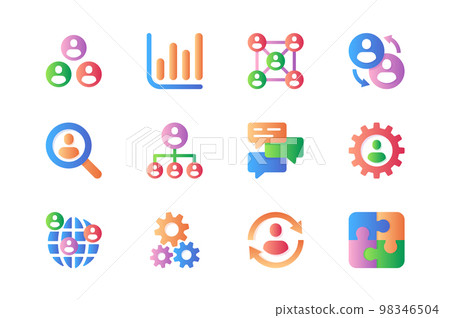 Teamwork icons set in color flat design. Pack of business, manager, meeting, group, leadership, organization, team, cooperation, partnership and other. Vector pictograms for web sites and mobile app 98346504