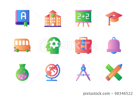 School icons set in color flat design. Pack of book reading, textbook, building, blackboard, graduation hat, bus, thinking, student head, bell and other. Vector pictograms for web sites and mobile app 98346522