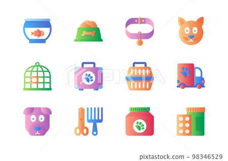Veterinary icons set in color flat design. Pack of aquarium fish, dog, food bowl, collar, cat, cage, luggage, carrying, grooming tools, pills and other. Vector pictograms for web sites and mobile app 98346529